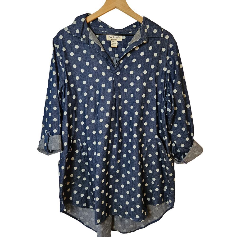 Chambray Polka Dot Tunic Top‎ Sz L Blue White Roll Tab Sleeves Popover Artsy